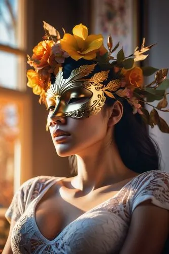 venetian mask,masquerade,girl in a wreath,floral wreath,masquerading,sun bride,autumn wreath,headdress,masques,golden wreath,golden mask,girl in flowers,light mask,flower crown,gold mask,floral garland,indian bride,masked,blooming wreath,headress,Photography,Artistic Photography,Artistic Photography 08