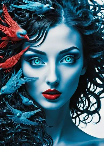 blue enchantress,image manipulation,photoshop manipulation,the snow queen,fantasy woman,the enchantress,the blue eye,faery,fantasy art,artificial hair integrations,siren,mermaid vectors,women's eyes,mystique,mystical portrait of a girl,antasy,dryad,fractalius,3d fantasy,red-blue,Illustration,Black and White,Black and White 33