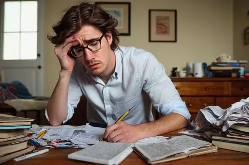 tapping forehead, frustrated expression, raised eyebrows, sweatdrop, messy brown hair, glasses, white shirt, rolled-up sleeves, blue jeans, bare feet, wooden floor, messy room, scattered papers, penci