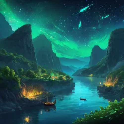 fantasy landscape,fantasy picture,green aurora,starclan,auroras,the northern lights,Conceptual Art,Fantasy,Fantasy 02