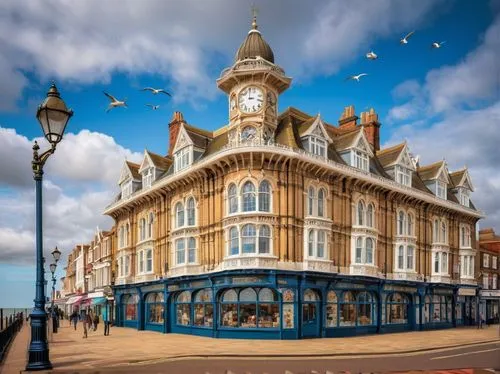 Clacton-on-Sea, seaside town, British architecture, Victorian-era inspired building, grand clock tower, intricate stone carvings, ornate balconies, large windows, wooden doors, vintage lamp posts, cob