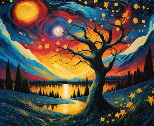 Van Gogh’s Starry Night reimagined,colorful tree of life,starry night,art painting,night scene,oil painting on canvas,tangerine tree,hanging moon,indigenous painting,moon and star background,painted t