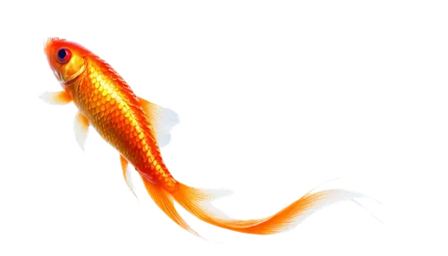 Goldfish, swimming, orange body, red eyes, flowing fins, shiny scales, water drops on skin, close-up, 3/4 composition, soft lighting, dark black background, high contrast, realistic texture, detailed 