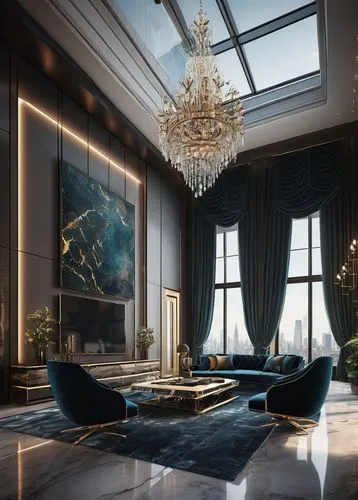 luxury home interior,ornate room,penthouses,interior design,interior decoration,interior modern design,modern decor,livingroom,interior decor,living room,3d rendering,luxe,sitting room,modern living room,apartment lounge,opulent,opulently,baccarat,chandelier,upscale,Conceptual Art,Fantasy,Fantasy 17