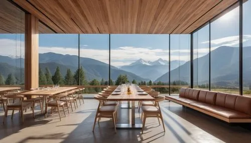 Minimal restaurant , with stainless steel ceiling , raw wood table , looking to a mountain background through glass big opened windows ,a dining area with wood tables surrounded by glass walls,alpine 