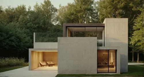 a contemporary villa sourronded by trees and a hardscape and softscape garden in front,the entrance of the house is shown as an open area,cubic house,corten steel,dunes house,eisenman,modern architect