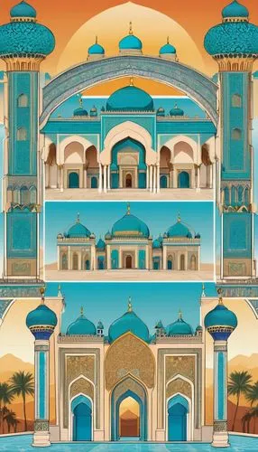 Hue-inspired architecture, vibrant colorful buildings, intricate ornate details, grandiose entrance gates, majestic domes, minarets, Islamic geometric patterns, Arabic calligraphy, turquoise blue dome