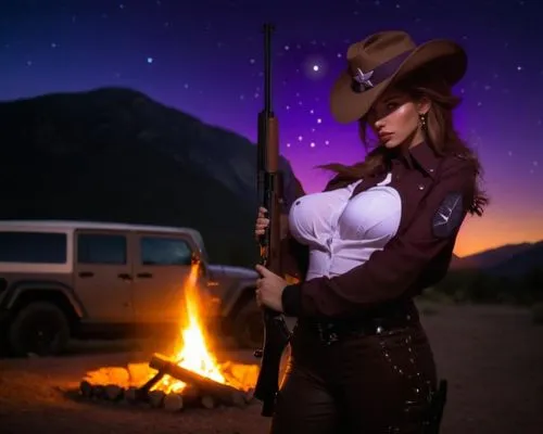 female sherrif. Purple lit night sky. Campfire in the background. Holding a rifle. A jeep standing in the background. Mountains in the background.,a female soldier in the wild holding a gun,sheriff - 