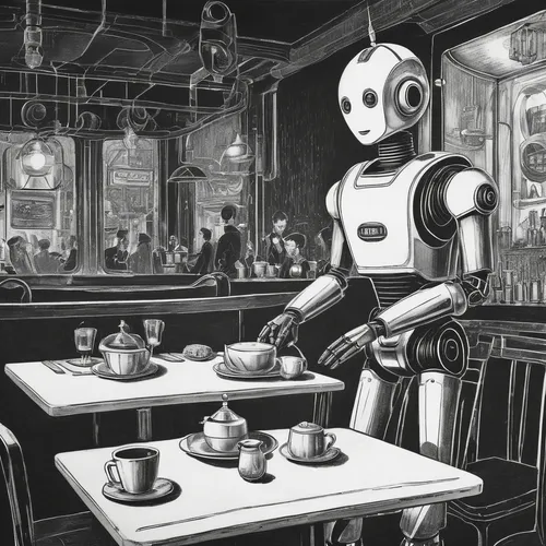 Develop a cute robot waiter in a futuristic cafe.,robots,retro diner,diner,the coffee shop,robotic,sci fiction illustration,coffee shop,droids,industrial robot,cybernetics,robot,robotics,machine learn