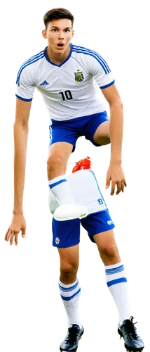 Stadium background, green grass, goalpost, soccer ball, free kick, male player, athletic build, short hair, determined facial expression, white jersey, blue shorts, shin guards, cleats, dynamic pose, 