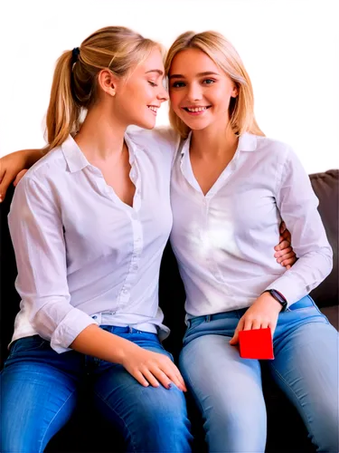 cute couple, embracing, boy and girl, soft facial expression, gentle eyes, sweet smile, blonde hair, blue eyes, white shirt, jeans, sneakers, sitting on couch, intimate atmosphere, warm lighting, shal