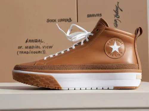 Sock upper sneaker with ribbed collar, tan pebbled leather trim, nylon circle logo patch with brown star and letters, all white rubber sport sole,Brown leather sneaker,wheats,wheat,zanotti,melos,stans