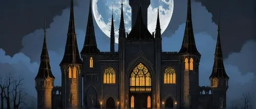 haunted cathedral,gothic church,ravenloft,gothic,gothic style,gothams,neogothic,nidaros cathedral,steeples,hogwarts,black church,arkham,fairy tale castle,the black church,spires,halloween background,cathedral,haunted castle,ghost castle,shadowgate,Illustration,Retro,Retro 15