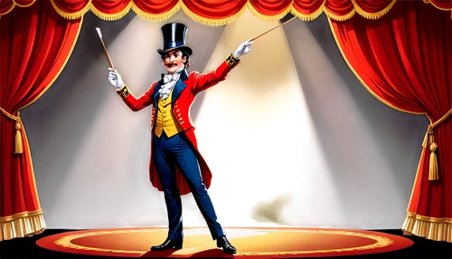 Circus performer, bright colorful costume, ruffled collar, white gloves, top hat, holding a conductor's baton, energetic pose, spotlight shining down, vibrant red curtains, golden trimmings, ornate ch