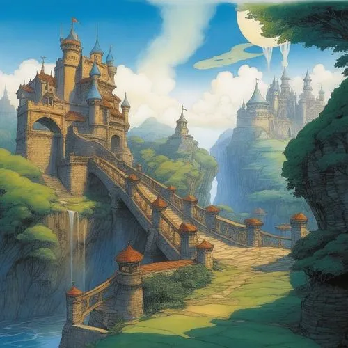 fantasy landscape,citadels,rivendell,gondolin,fairy tale castle,skylands,fantasy city,meteora,alfheim,kaitos,fantasy world,ancient city,beleriand,castlelike,diagon,cartoon video game background,nargothrond,fantasyland,redwall,fairytale castle,Illustration,Realistic Fantasy,Realistic Fantasy 04