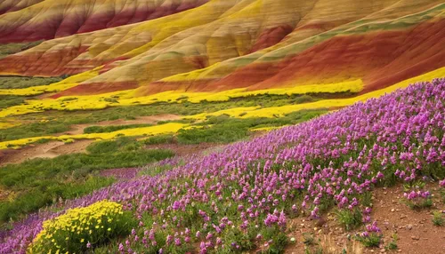 View of the Painted hills with Golden Bee Plant (Cleome platycarpa) blooming on clay slopes. Painted Hills Unit of John Day Fossil Beds Natiional Monument Oregon,flowerful desert,blanket of flowers,fi