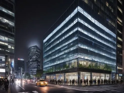 Modern RPC Architectural Design Ltd office building, glass facade, steel structure, sleek lines, urban cityscape, Tokyo streets, night scene, neon lights reflecting off windows, 3/4 composition, low-a