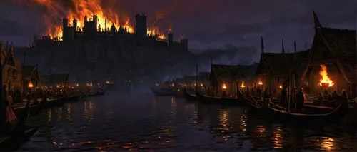 firelands,osgiliath,bluhdorn,lake of fire,riftwar,lankhmar,neverwinter,morrowind,nargothrond,flamanville,morgul,adelaar,novigrad,waterfire,mordor,burned pier,irminsul,beleriand,destroyed city,cataclysm,Illustration,Black and White,Black and White 12