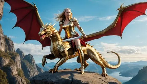 A beautifully crafted golden and silver magical longsword.,a woman riding a dragon on the side of a mountain,dragones,dragonlance,clariden,golden dragon,dragonja,draconis