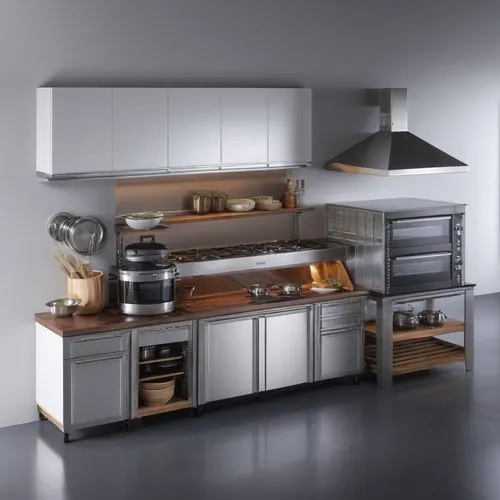 an industrial kitchen, stainless steel , high gloss wood cabinets, grey epoxy floor,gaggenau,scavolini,paykel,kitchen design,modern kitchen interior,modern kitchen,kitchens,frigidaire,modern minimalis