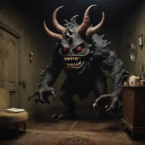 krampus,supernatural creature,child monster,devil,cuckoo clock,creepy doorway,demon,three eyed monster,imp,3d render,horned,cow horned head,iridigorgia,minotaur,monster,nightmare,dark art,daemon,bogeyman,creature,Illustration,Realistic Fantasy,Realistic Fantasy 40