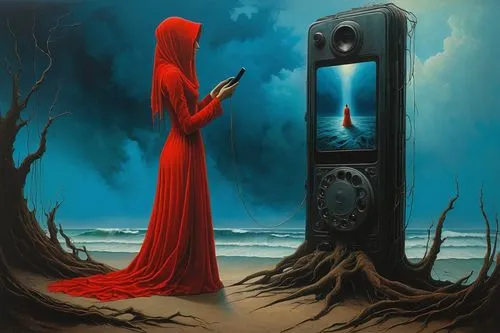 man in red dress,surrealism,dance of death,red riding hood,clockmaker,audio player,grandfather clock,sand timer,magic mirror,transistor,music player,mirror of souls,medieval hourglass,phone booth,the listening,skeleton key,fantasy art,surrealistic,red coat,gothic portrait,Photography,Documentary Photography,Documentary Photography 38