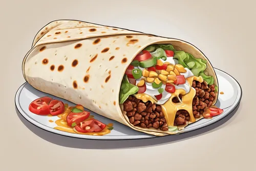 Write a description of a mouthwatering burrito, complete with all the delicious ingredients and flavors.,burrito,shawarma,piadina,tacamahac,mexican food cheese,sandwich wrap,refried beans,baleada,tex-