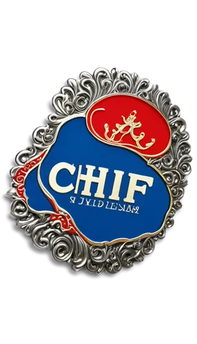 Chief logo, golden badge, silver outline, detailed patterns, ornate design, bold font, red and blue colors, metallic texture, glossy finish, centered composition, close-up shot, dramatic lighting, hig