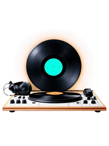 Vinyl record, music notes, headphones, microphone, sound waves, DJ console, studio setting, warm lighting, 3/4 composition, shallow depth of field, soft focus, nostalgic atmosphere.,a turntable that h