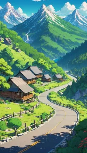 landscape background,mountain scene,butka,japanese alps,ghibli,mountain valley,Illustration,Japanese style,Japanese Style 03