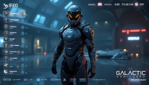 Create an image of a futuristic soldier standing in a character customization screen of a fictional video game titled "Galactic Vanguard." The soldier is equipped with high-tech armor in dark metallic