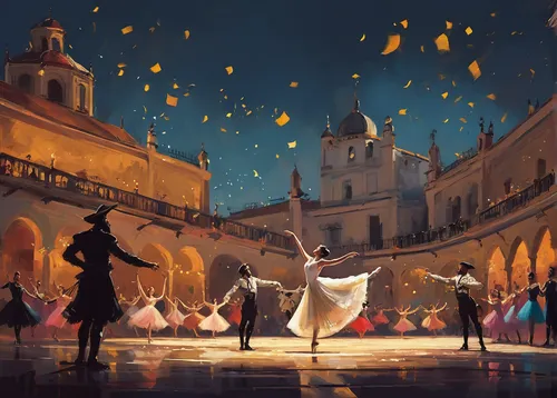 the carnival of venice,waltz,dancers,the pied piper of hamelin,hamelin,dervishes,concert dance,ballet master,ballroom dance,masquerade,world digital painting,dance,performers,latin dance,lanterns,golden rain,ballerinas,dance with canvases,dancing,dancing couple,Conceptual Art,Fantasy,Fantasy 06