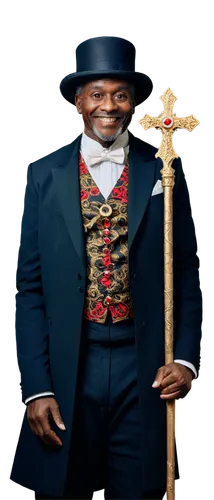 Papa Legba, voodoo priest, old man, black skin, white beard, red eyes, top hat, black suit, white shirt, golden cross, staff in hand, mysterious smile, standing, African patterned background, warm lig