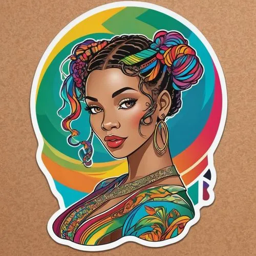 a beautiful aroused girl with coily pigtail hair, triadic colors, sticker , Light mucha style background,rockabella,moana,boho art,havana,santana,watercolor pin up,frida,west indian jasmine,polynesian