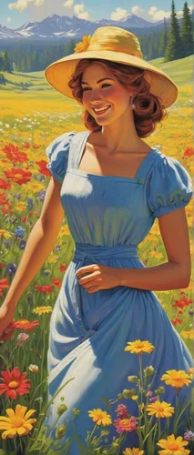 girl picking flowers,girl in flowers,picking flowers,field of flowers,field of poppies,flower painting,flower field,summer meadow,flower meadow,flowering meadow,flowers field,springtime background,blooming field,girl in the garden,heidi country,beautiful girl with flowers,blanket of flowers,meadow daisy,meadow in pastel,floral greeting card,Illustration,Retro,Retro 14