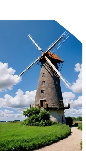 Old wooden windmill, Netherlands style, rustic, rural area, sunny afternoon, blue sky with white clouds, rotating blades, worn wooden door, stone foundation, lush greenery surrounding, soft warm light