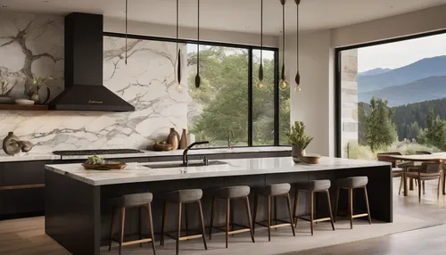 Thrilled to unveil my latest kitchen design, a space where contemporary luxury meets the serenity of nature. I've harmonized sleek, dark cabinetry with the natural elegance of Calacatta marble, captur