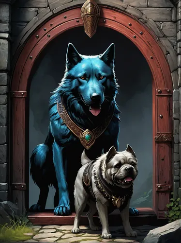 Garm es el terrible perro guardian de las puertas del Helheim, en Niflheim. Tiene el pecho ensangrentado ,companion dog,posavac hound,dog illustration,custom portrait,two wolves,renascence bulldogge,b