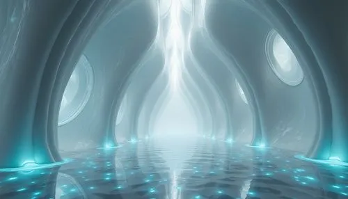 Undulating blob-like church structure, smooth organic curves, iridescent stained glass windows, flowing liquid-like interior spaces, bioluminescent accents, ethereal foggy atmosphere, misty morning li