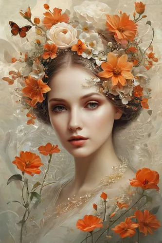 girl in flowers,flower fairy,orange blossom,splendor of flowers,beautiful girl with flowers,faery,wreath of flowers,flower girl,girl in a wreath,flora,orange roses,blooming wreath,flower background,fantasy portrait,flower nectar,cosmos autumn,faerie,orange rose,falling flowers,floral poppy,Conceptual Art,Daily,Daily 11