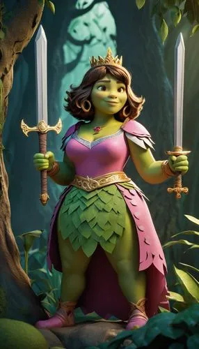 Dora, Shrek, ogre princess, green skin, curly brown hair, tiara, pink dress, golden belt, holding a sword, strong legs, standing, swamp, trees, mist, mysterious atmosphere, cinematic lighting, heroic 