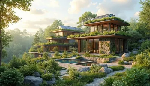 house in the forest,forest house,asian architecture,treehouses,tree house,3d rendering,house in the mountains,house in mountains,tree house hotel,home landscape,landscaped,roof landscape,teahouse,wooden house,beautiful home,treehouse,grass roof,dreamhouse,render,timber house,Photography,General,Realistic