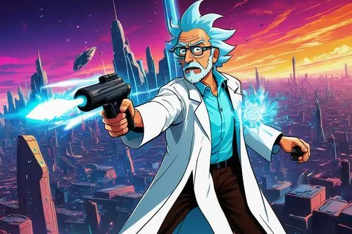 Rick Sanchez, cartoon character, dynamic pose, detailed wrinkles, white lab coat, blue shirt, brown pants, black boots, crazy hair, glasses, intense expression, holding a portal gun, standing in front