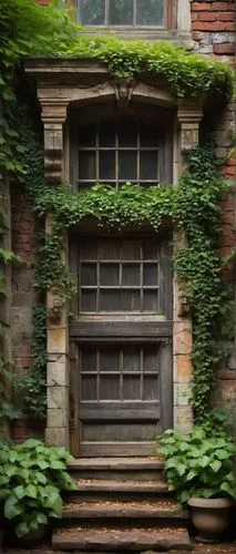 New England architectural salvage, rustic wooden door, distressed finish, ornate metal hardware, worn stone steps, ivy-covered brick facade, vintage windows, intricate stonework, overgrown gardens, we