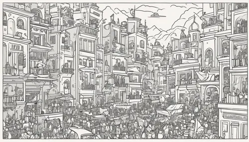 grand bazaar,crowded,bottleneck,mono line art,slums,mono-line line art,crowds,townscape,destroyed city,post-it note,line-art,kowloon city,slum,backgrounds,panoramical,office line art,urbanization,post-it,pencils,game drawing,Illustration,Vector,Vector 06