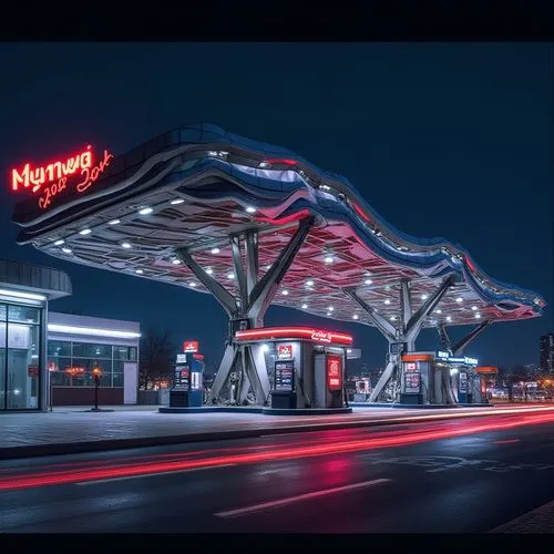 electric gas station,e-gas station,gas station,meydan,retro diner,natomas,forecourt,hypermarket,filling station,navistar,hypermart,night highway,conoco,nexen,nationalbank,nighthawks,natoma,tysons,chevron,petrol pump,Photography,General,Realistic