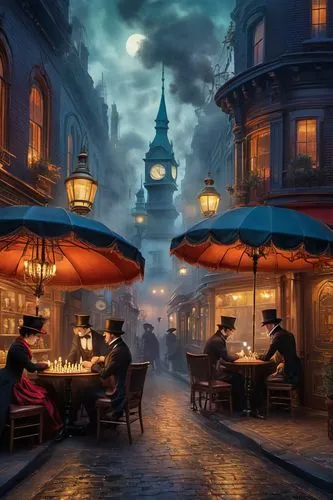 paris cafe,parisian coffee,evening atmosphere,world digital painting,street cafe,montmartre,bremen town musicians,disneyland park,bistrot,watercolor cafe,night scene,fantasy picture,shanghai disney,disneyland paris,romantic night,french digital background,gas lamp,fantasy art,watercolor paris,outdoor dining,Illustration,Realistic Fantasy,Realistic Fantasy 39