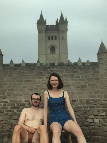 Lovely reminder of my summer vacation visit to Wales this year with my girl friend Francis.,a woman is sitting on a wooden bench next to another man,french tourists,castles,dukedoms,kings landing,thro