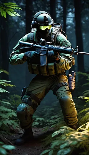 spectral figure, ghostly soldier, tactical gear, night vision goggles, camouflage uniform, stealthy posture, crouching, holding assault rifle, advanced technology, military drone, rugged terrain, fore