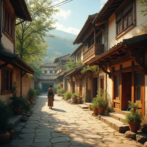 hanok,korean folk village,moufang,teahouses,kumashiro,sungkyunkwan,narrow street,wooden houses,ryokan,hanussen,boonsang,lijiang,goryeo,koyasan,haakonsen,mountain village,korean village snow,gion,old town,bukchon,Photography,General,Realistic